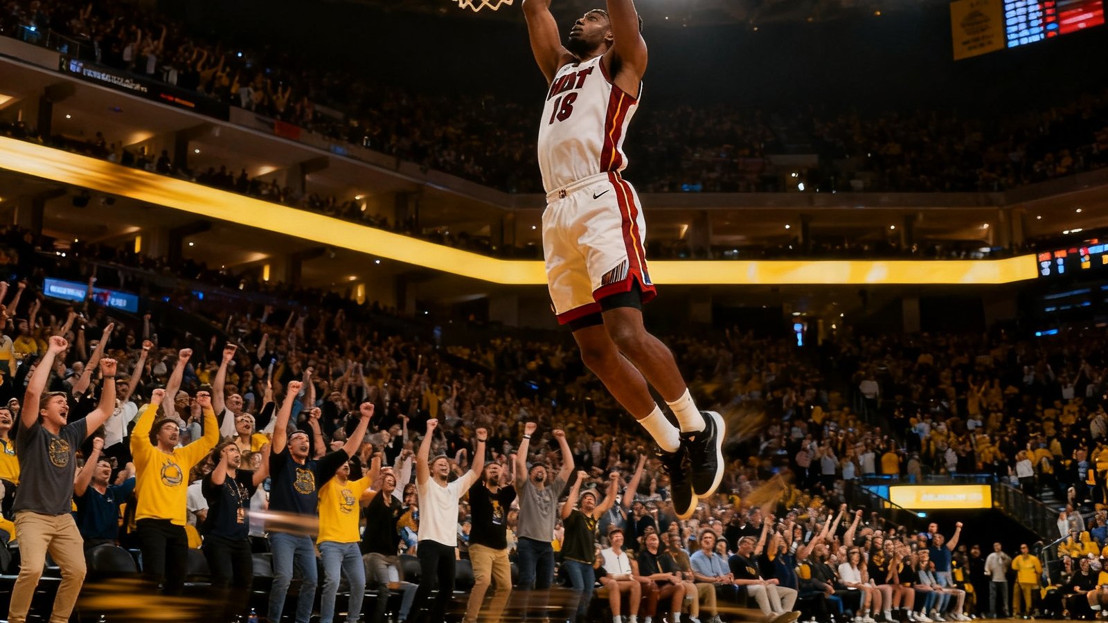 NBA季后赛直播画面，篮球馆内一名球员腾空扣篮，观众激动起立欢呼，地板反光映出激烈氛围